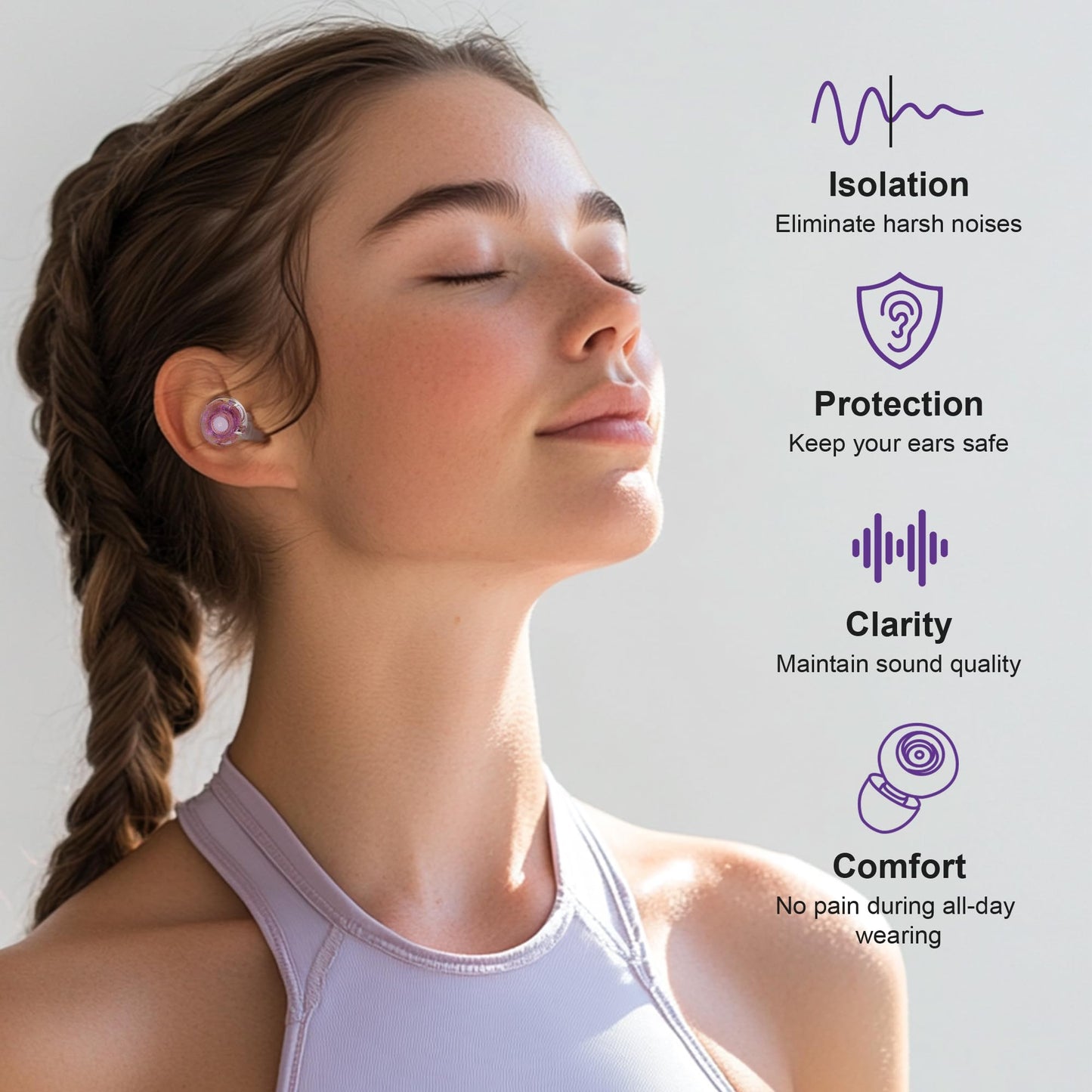 Yawsoy Purple Silicone In-Ear Ear Plugs, 2 Pack High Fidelity Ear Plugs for Concerts, Raves, Work, Musicians, 5 Pair Ear Tips in S/M/L, 18-25 dB Noise Cancelling