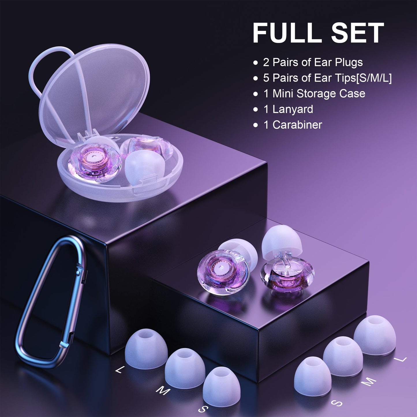 Yawsoy Purple Silicone In-Ear Ear Plugs, 2 Pack High Fidelity Ear Plugs for Concerts, Raves, Work, Musicians, 5 Pair Ear Tips in S/M/L, 18-25 dB Noise Cancelling