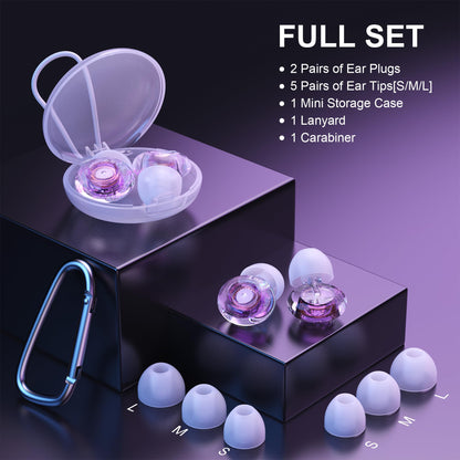 Yawsoy Purple Silicone In-Ear Ear Plugs, 2 Pack High Fidelity Ear Plugs for Concerts, Raves, Work, Musicians, 5 Pair Ear Tips in S/M/L, 18-25 dB Noise Cancelling